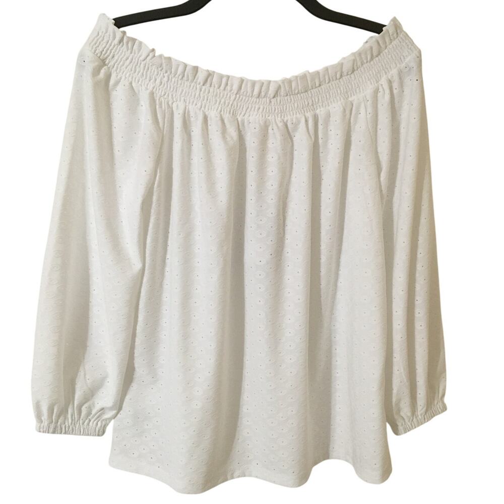 NWT Michael Kors Fashion Basics XS White Gathered Off The Shoulder Eyelet Top - Picture 2 of 9